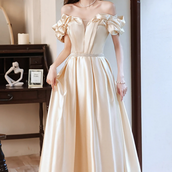 Light Champagne Satin Sweetheart Beaded Party Dress, A Line Satin Prom Dress
