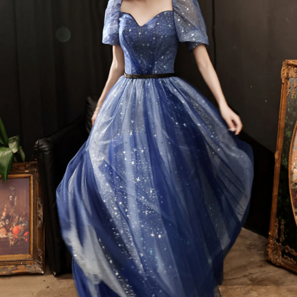 A Line Navy Blue Tulle Long Party Dress, Navy Blue Sweetheart Prom Dress 