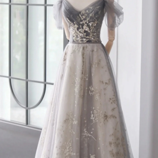 A Line Grey Off Shoulder Sweetheart Tulle Prom Dress, Grey Long Evvening Dress 