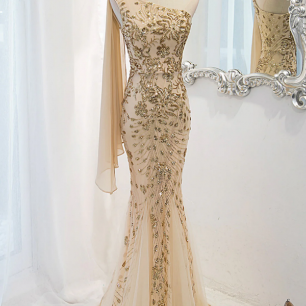 Champagne Mermaid Long Party Dress, Champagne Sequins Prom Dress 
