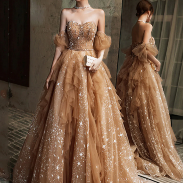 Champagne A Line Beaded Tulle Long Tulle Prom Dress, Champagne Evening Dress