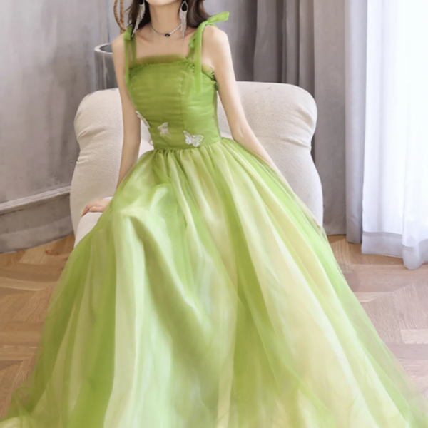 Light Green A Line Straps Tulle Long Party Dress, Light Green Tulle Prom Dress