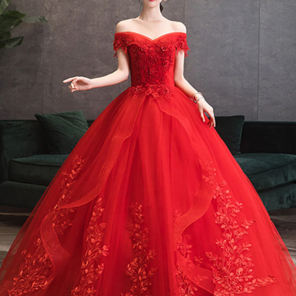 Red Tulle Ball Gown With Lace Sweetheart Long Formal Dress, Red Tulle Evening Dress 
