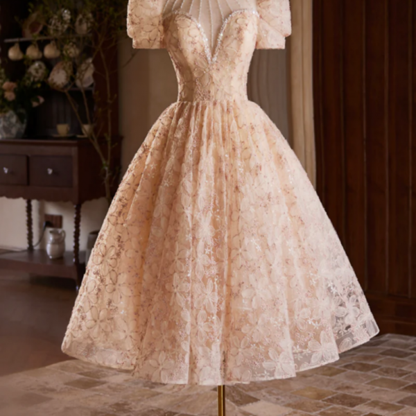 Beautiful Tulle Flower Tea Length Prom Dress, Off the Shoulder Short Sleeve Evening Party Dress