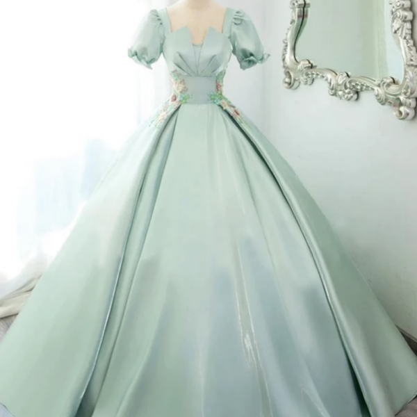 Green Satin Lace Long Prom Dress, Beautiful A Line Short Sleeve Evening Party Dress 