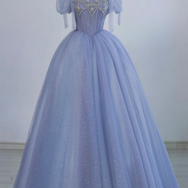 Blue Tulle Beaded Floor Length Prom Dress, A Line Short Sleeve Evening Party Dress