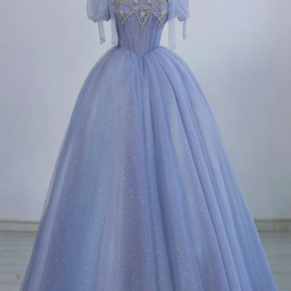 A-line Beaded Dark Blue Straps Tulle Prom Dress, Dark Blue Floor Length Evening Dress main image 1