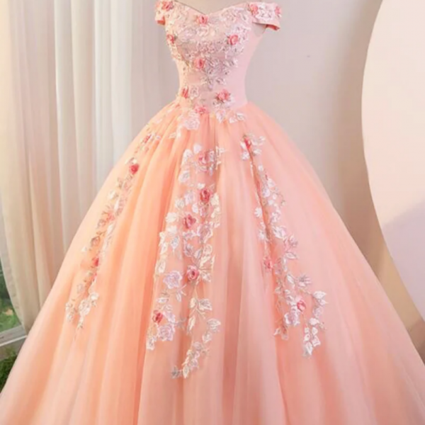 Pink Tulle Lace and Flowers Ball Gown Formal Dresses, Pink Long Sweet 16 Dresses 