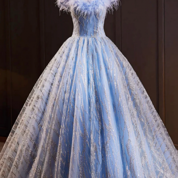 Blue Tulle Sequins Long A Line Prom Dress with Feather, Off the Shoulder Evening Party Dress 