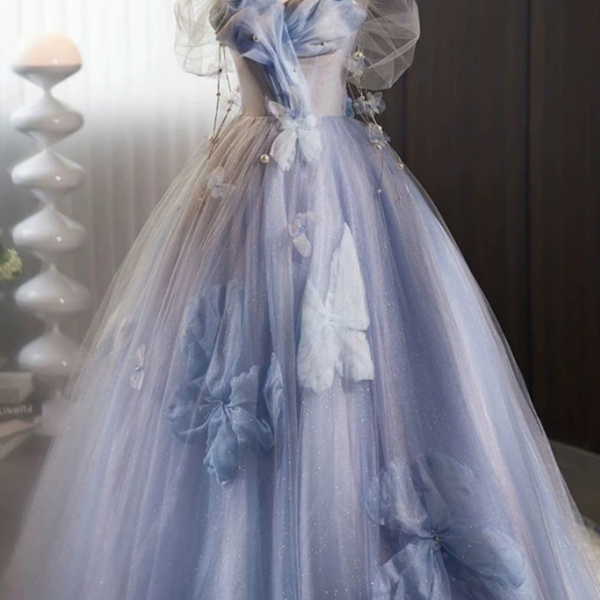 A Line Off Shoulder Tulle Flower Blue Long Prom Dress, Blue Long Formal Dress