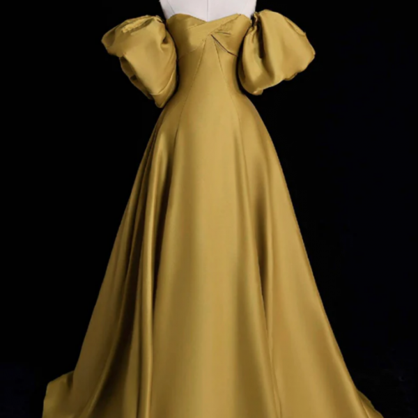 A Line Sweetheart Neck Satin Gold Long Prom Dress, Gold Long Formal Dress 