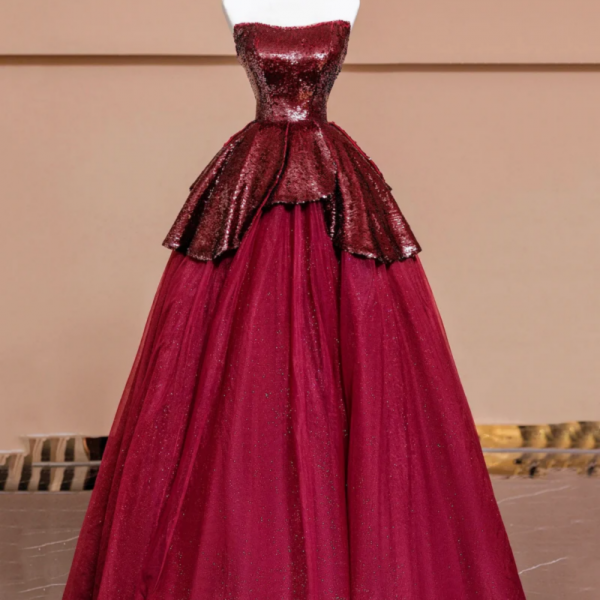 Burgundy Tulle Sequins Long Prom Dress, A Line Strapless Evening Party Dress 