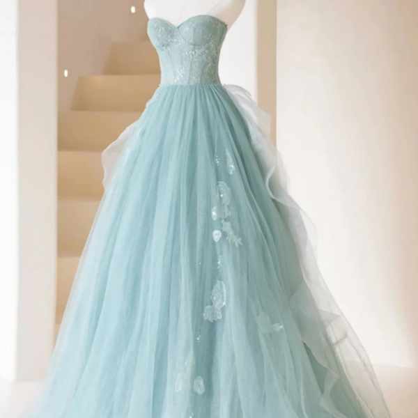 A Line Tulle Strapless Long Prom Dress, A Line Tulle Formal Evening Dress 