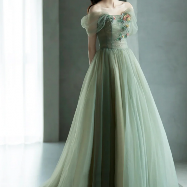 Green Off Shoulder Tulle A-line Floor Length Party Dress, Green Tulle Prom Dress main image 1