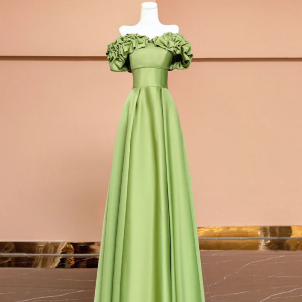Green Satin Floor Length Prom Dress, Off the Shoulder Evening Party Dress 