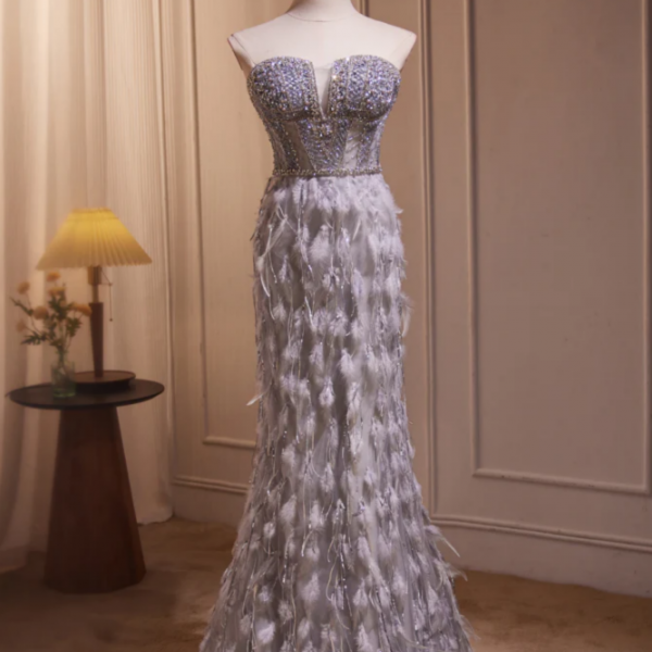 Unique Sweetheart Neck Mermaid Gray Long Prom Dress with Beads KPP1960