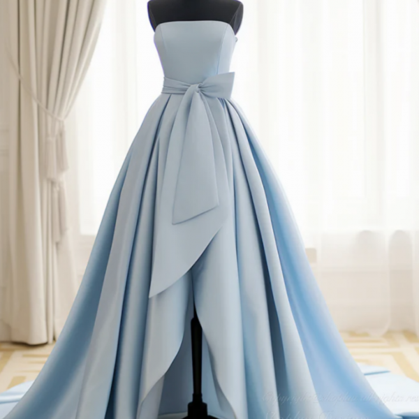 A Line Satin Blue Long Prom Dress, Blue Satin Long Formal Dress