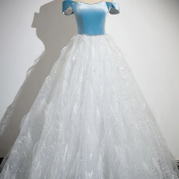 A Line Tulle Lace White Blue Long Prom Dress, White Blue Long Evening Dress