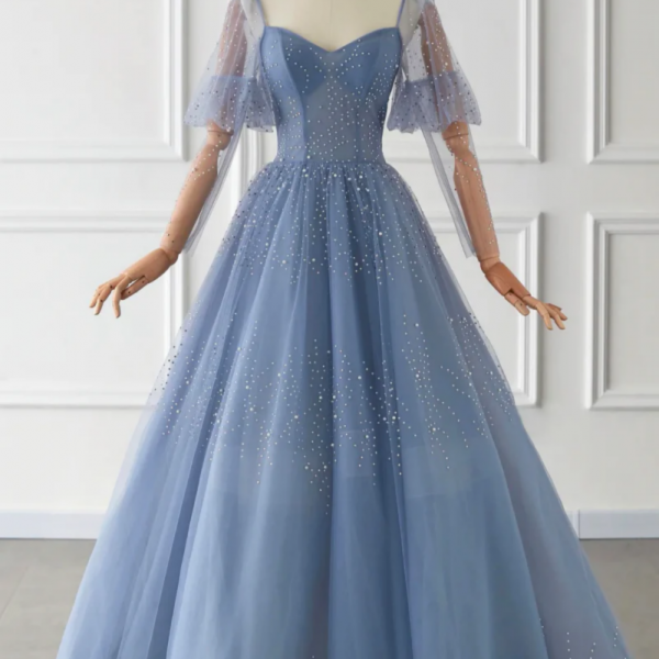 Blue Tulle Beaded Long Sleeve Prom Dress, A Line Blue Evening Party Dress 