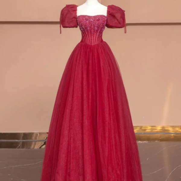 Burgundy Tulle Beaded Floor Length Prom Dress, A Line Short Sleeve Evening Dress 