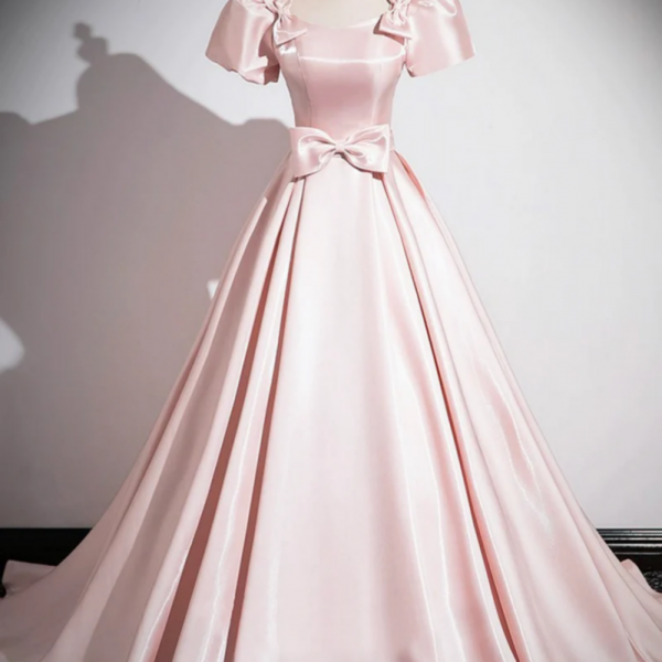 Pink Scoop Neckline Satin Floor Length Prom Dress, Short Sleeve A Line Party Dress 