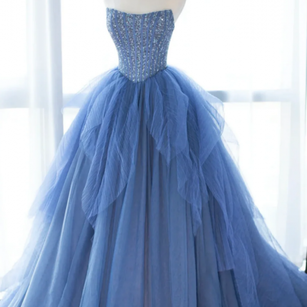 Blue Strapless Tulle Sequins Long Prom Dress, Beautiful A Line Formal Party Dress 