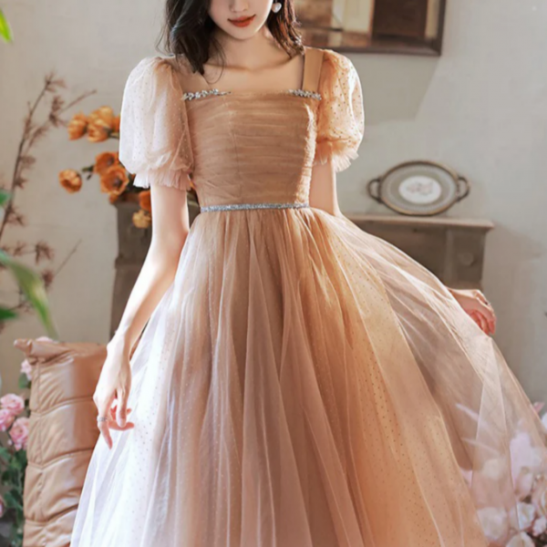 Item Descriptions: A Line Champagne Tulle Short Prom Dress, Champagne Homecoming Dress 