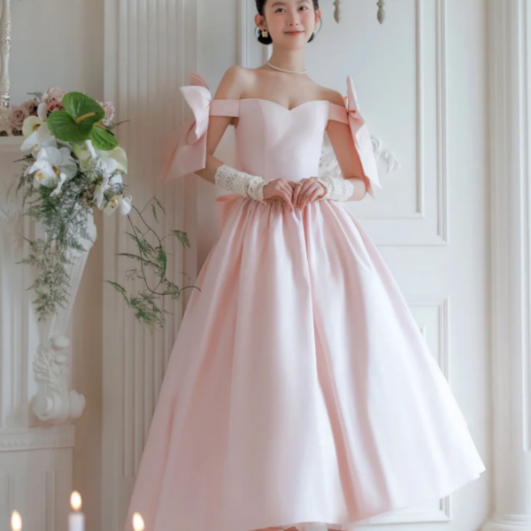 Lovely Satin Tea Length Prom Dress, Pink Off the Shoulder Evening Party Dress with Bows 