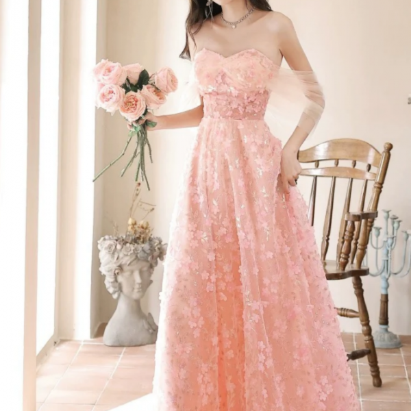A Line Off Shoulder Tulle Lace Pink Long Prom Dress, Pink Long Formal Dress 