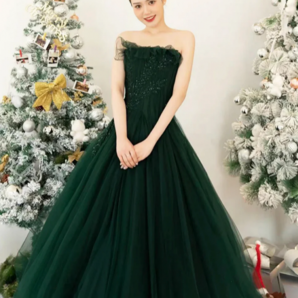 Lovely Strapless Tulle Tea Length Party Dress, Green A Line Formal Evening Dress 