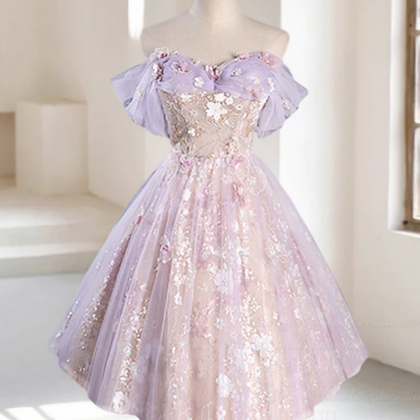 A Line Off Shoulder Tulle Lace Purple Short Prom Dress, Cute Purple Homecoming Dress