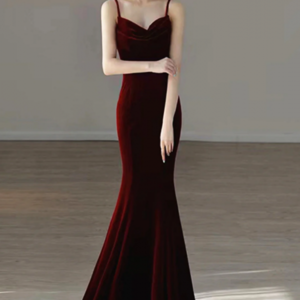 Wine Red Velvet Straps Low Back Long Prom Dress, Wine Red Party Dress 