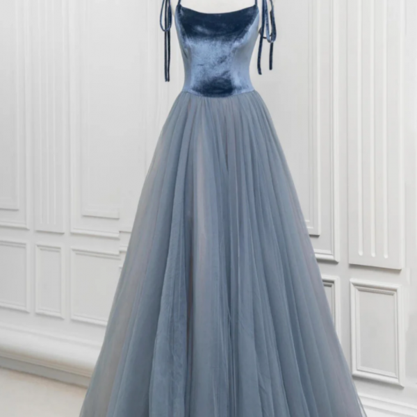 A Line Velvet Tulle Long Prom Dress, Gray Blue Spaghetti Strap Evening Party Dress 
