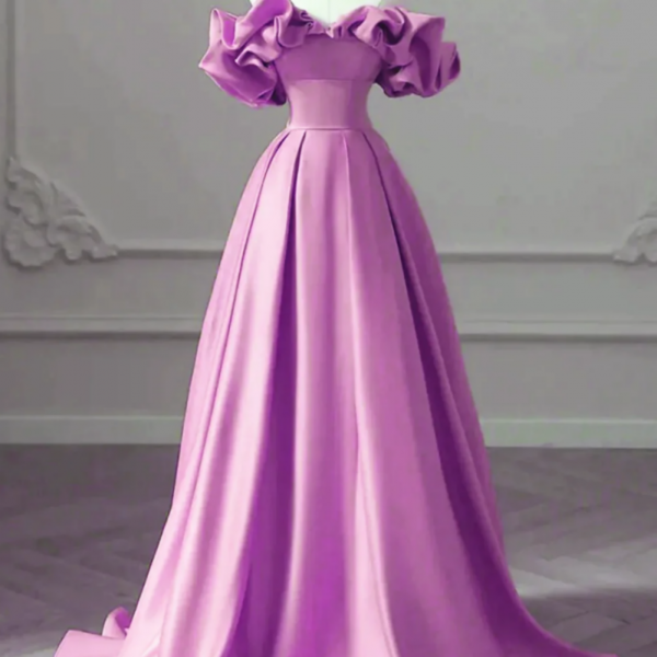 Charming Purple Satin Off Shoulder Evening Dress, Purple Satin Long Prom Dress main image 1