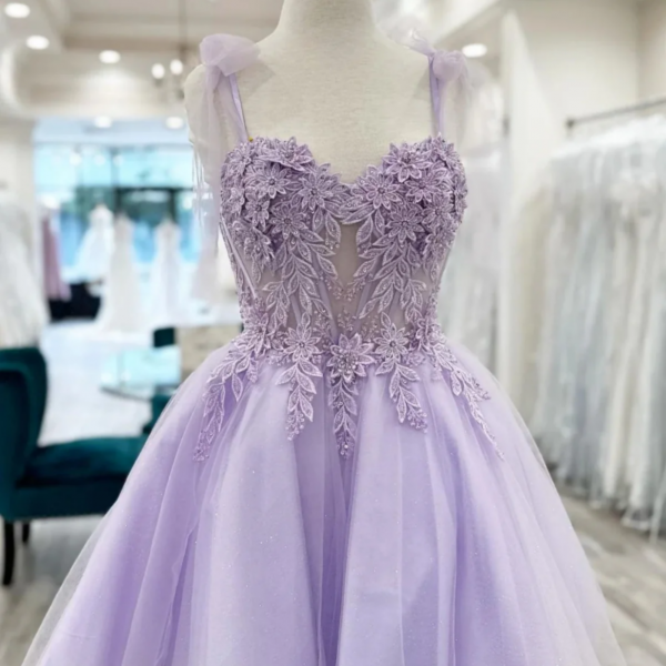 Cute Sweetheart Neck Lilac Lace Prom Dresses, Lilac Lace Homecoming Dresses, Short Purple Formal Evening Dresses