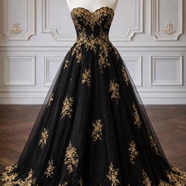 Black Gold Embroidered Strapless Ball Gown Corset Back Luxury Wedding Dress