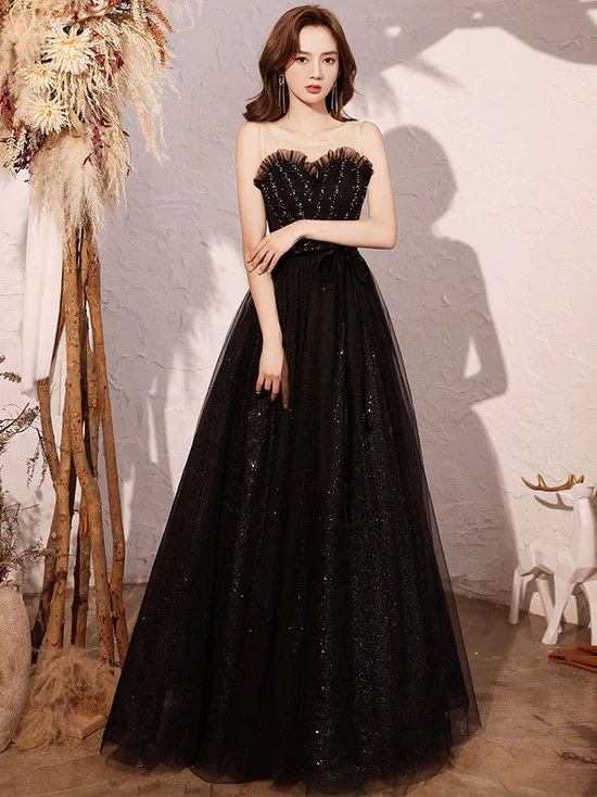 Kateprom Black Sweetheart Neck Tulle Sequin Beads Long Prom Dress on Luulla