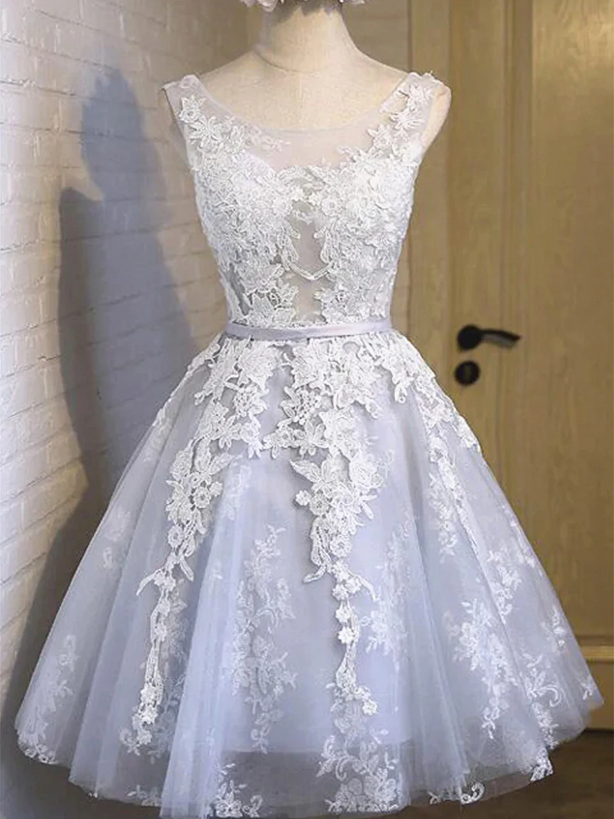 Silver Gray Short Lace Prom Dresses, Grey Short Lace Formal Homecoming ...