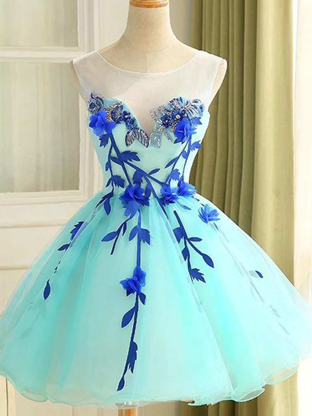Short Blue Floral Prom Dresses, Short Blue Floral Graduation Dresses on Luulla