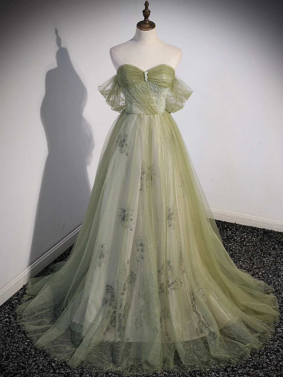 Green tulle long A line prom dress green evening dress C2035