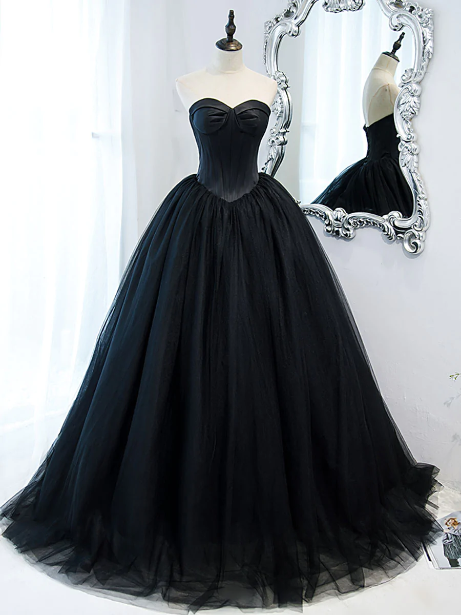 Simple Black Sweetheart Neck Tulle Long Prom Dress, Black Evening ...