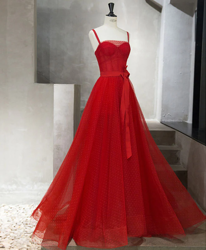 Beautiful Red Tulle Long Cap Sleeves Evening Gown, Long Red Prom Dress   cg10716 main image 1