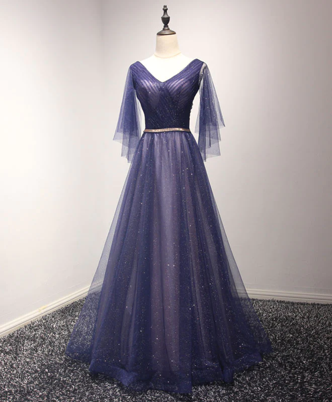 V Neck Glitter Purple Long Prom Dresses, V Neck Long Purple Formal Evening Dresses