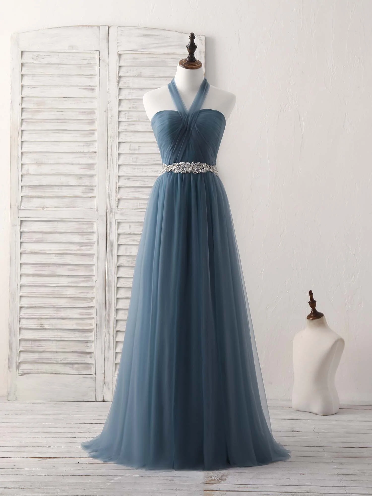 A-line Gray Blue Tulle Long Bridesmaid Dress Gray Blue Prom Dress on Luulla