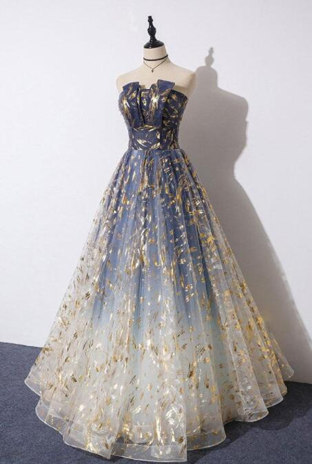 Enid | Blue and White Ombre Feathers Strapless A-Line Long Prom Dress
