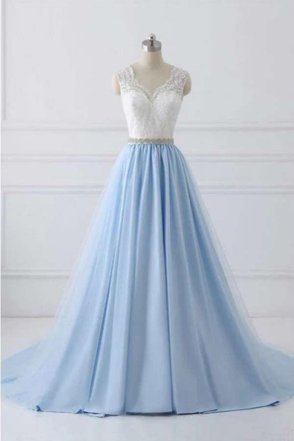 A-line Deep V-neck Lace Appliques  Prom Dresses With Split, PD0094