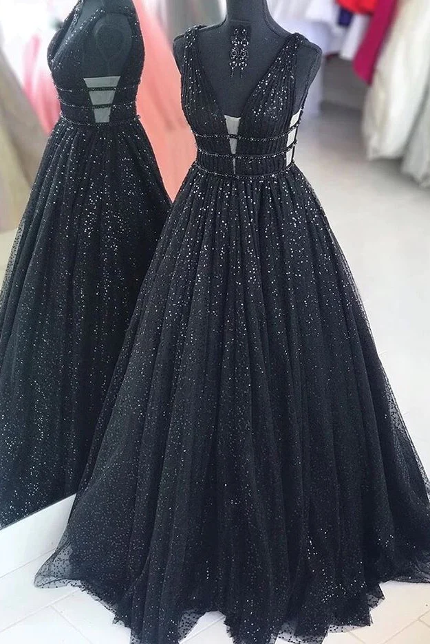 Trendy Black V Neck Shine Junior Prom Gown SREAL082