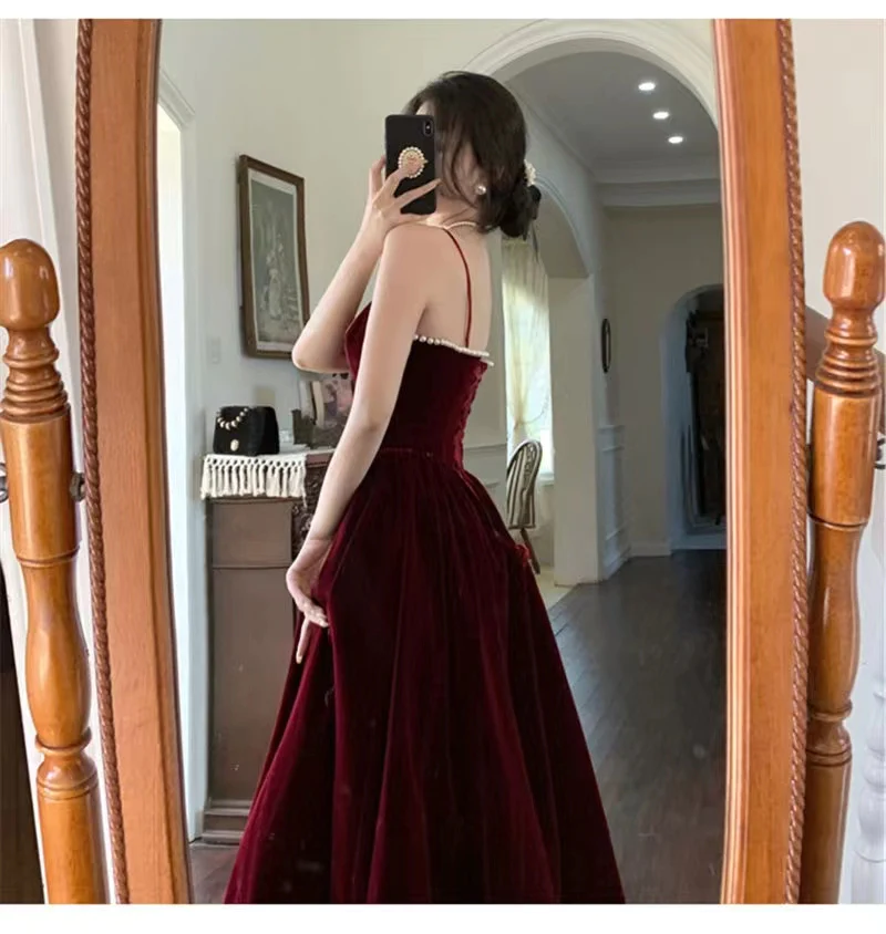 Burgundy Velvet A-line Midi Dress with Spaghetti Straps main image 1