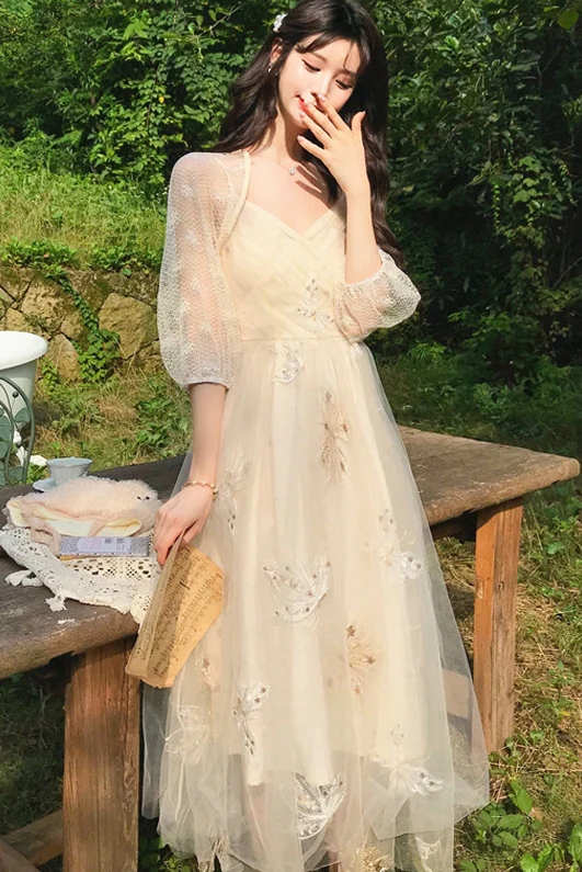 Butterfly Embroidered Vintage-style Lace Fairy Dress , Long Prom Dress ...