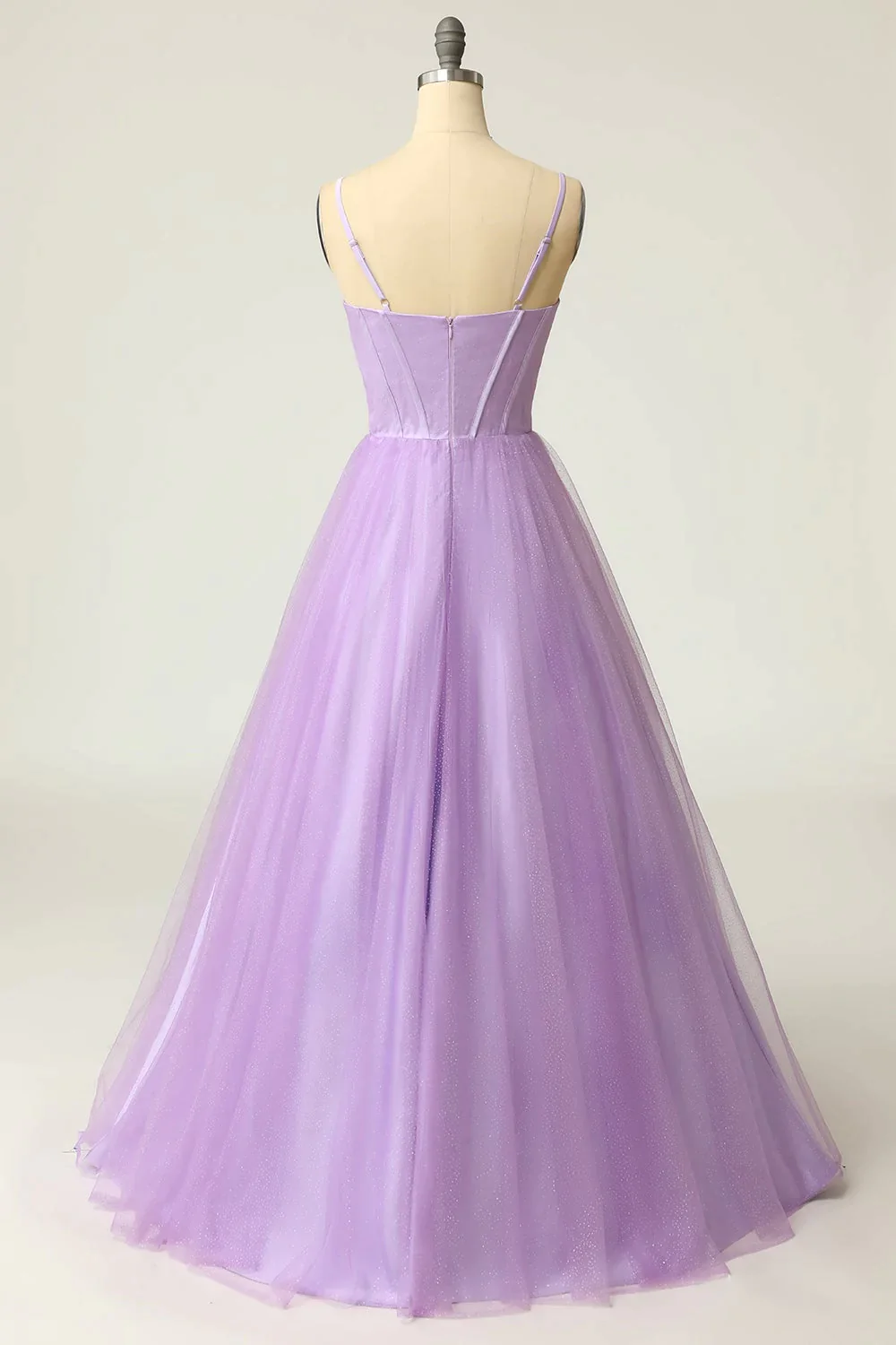 Spaghetti Straps A Line Beading Purple Satin Prom Dress